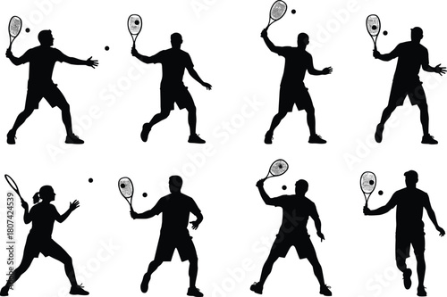 Tennis player silhouettes set, man and woman hitting ball, serving and rallying, dynamic sport action figure vector graphic illustration