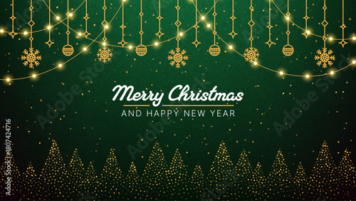 Merry Christmas and Happy New Year greeting card banner with string lights, snowflakes, and festive decorations for holiday celebration.