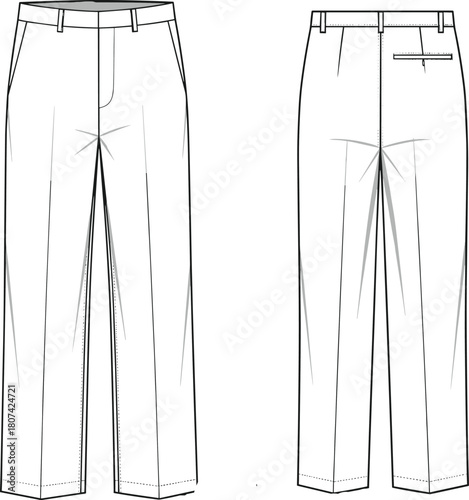 Wide, Straight, and Baggy Trousers Fashion Flat Technical Drawing Vector Illustration, Casual Streetwear Style, High Waist Slacks, Apparel CAD Template, Front and Back View.
