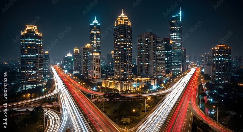 Fototapeta premium Nighttime urban skyline with light trails from vehicles on a highway intersection