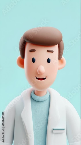 Cartoon Doctor Smiling in a White Coat and Blue Background.