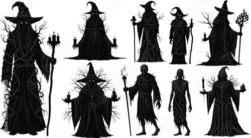 Necromancer silhouettes, dark fantasy figures, gothic robes, magical staff, black vector, undead theme, minimal style, graphic set, eerie icons