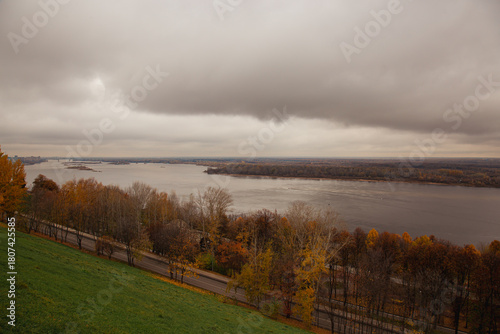 Autumn cityscape with a view of the river and the city. Calm autumn atmosphere. Nizhny Novgorod. Russia