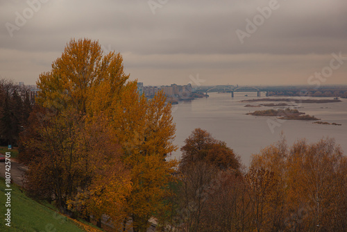 Autumn cityscape with a view of the river and the city. Calm autumn atmosphere. Nizhny Novgorod. Russia
