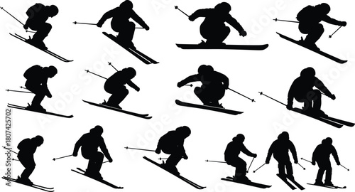 Skier silhouettes, dynamic skiing poses, black vector, winter sport, athletic motion, minimal style, graphic set, snow activity icons