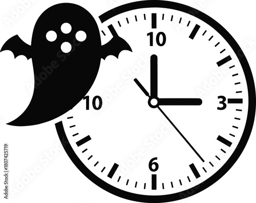Spooky ghost with bat wings, haunting clock illustration, Halloween time concept, eerie black and white art, surreal horror design