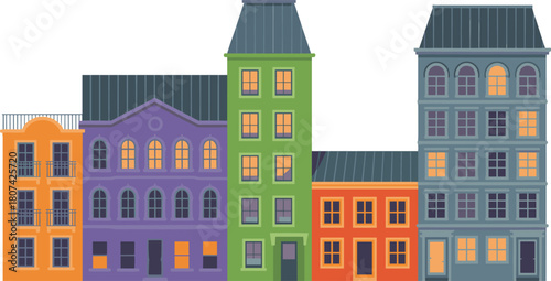 Stylized building illustration, colorful architecture, urban vector, city design, residential facades, cartoon style, street view, vibrant artwork