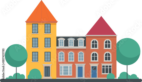 Stylized building illustration, urban architecture, colorful facades, residential vector, city design, tree elements, artistic row, street view