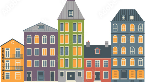 Stylized building illustrations, colorful architecture, urban vector, city design, residential facades, artistic row, street view, night windows