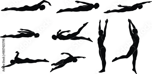 Swimming and gymnastic silhouettes, athletic poses, black vector, sports movement, minimal style, graphic set, body motion, fitness icons