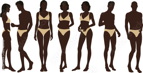 Swimwear silhouettes, body diversity, human figures, black illustration, posture study, fashion design, minimal style, vector set
