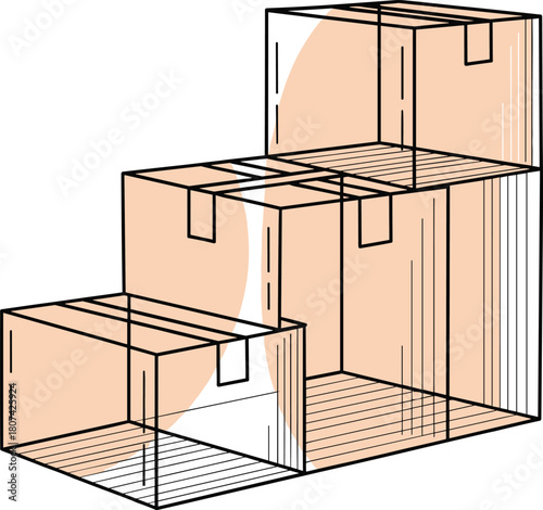 Transparent box illustration, isometric vector, stacked containers, spatial design, volume comparison, packaging concept, architectural layout, artwork
