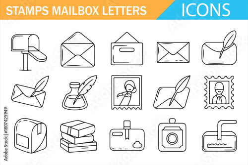 Minimal line art icons of parcels, stamps, and correspondence tools