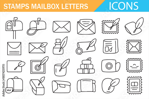 Vector outline icons of mailboxes, letters, ink quills, and postal symbols
