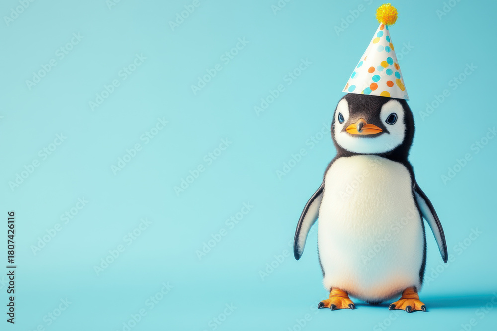 Fototapeta premium Cute baby penguin in a festive birthday hat, partying against a vivid blue backdrop