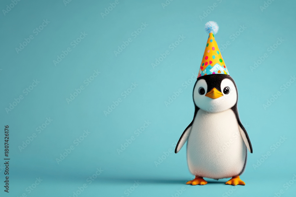 Obraz premium Cute baby penguin in a festive birthday hat, partying against a vivid blue backdrop