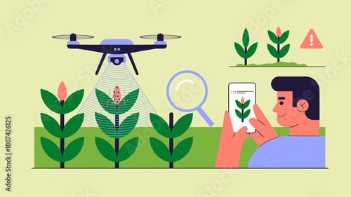drone scanning crops and farmer using ai for analysis, vector illustration for pest and disease detection, precision agriculture and smart farming