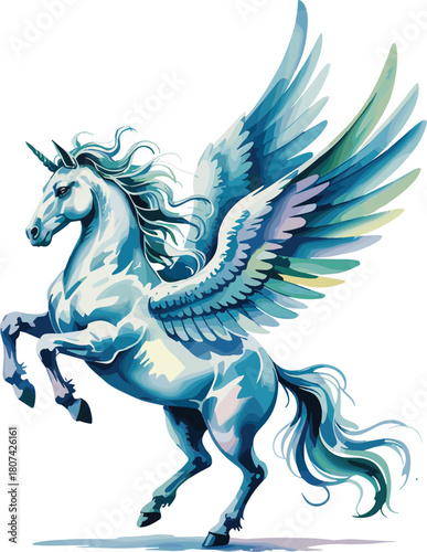Winged unicorn Pegasus, fantasy creature, blue silhouette, magical vector, mythical animal, rearing pose, elegant design, ethereal artwork