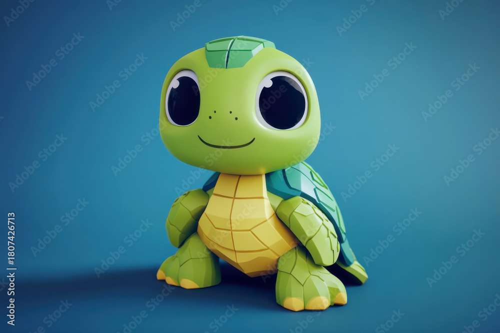 Fototapeta premium Proud baby turtle with vibrant green and orange shell standing on a rock in a lush green setting, rendered in 3d