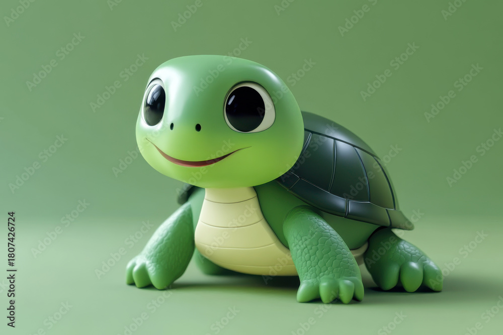 Fototapeta premium Proud baby turtle with vibrant green and orange shell standing on a rock in a lush green setting, rendered in 3d