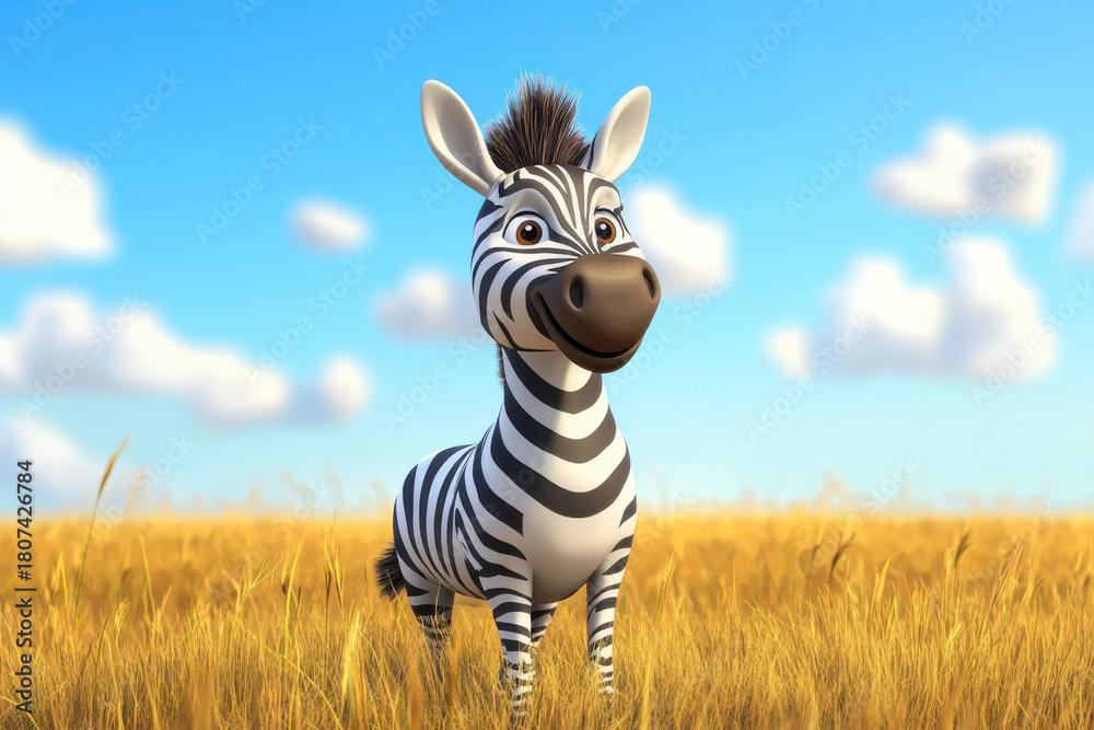 Obraz premium Sunny day in the african savanna: cartoon zebra smiling amidst dry grass, trees, and blue skies with clouds