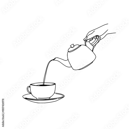 A single line drawing of a hand pouring tea from a teapot into a cup on a saucer with white background