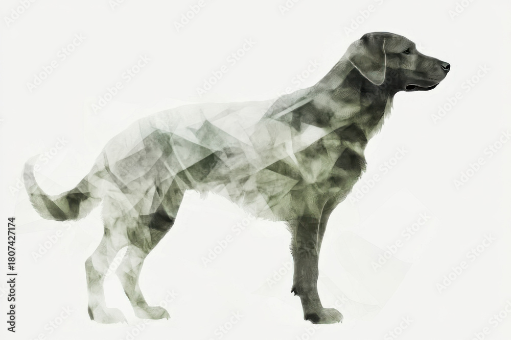 Obraz premium Labrador retriever dog in profile, adorned with an abstract arrangement of triangles and geometric shapes, evoking an air of intrigue and artistic flair