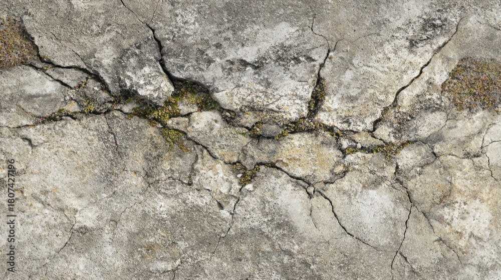 Obraz premium Cracks form on the ground showcasing natural textures and small patches of moss in sunlight.