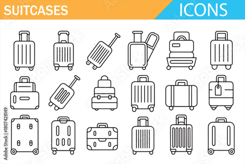 Vector outline icons of travel bags, trolleys, and rolling suitcases