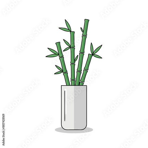 Flat Line Art Illustration of Lucky Bamboo in a Cylinder Pot