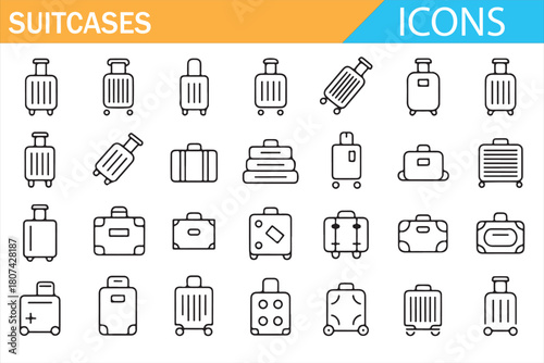 Rolling bags, hard-shell luggage, and travel case icon set