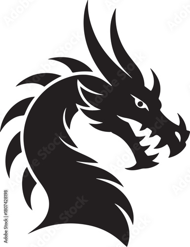 Black Dragon Head Silhouette with Spiky Mane Keywords: dragon, mythical creature, fantasy, beast