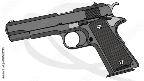 "A studio shot of a realistic, full-sized black semi-automatic handgun (resembling a classic 1911 or similar model) resting on a surface. The pistol has a dark matte finish, a squared-off slide, and d