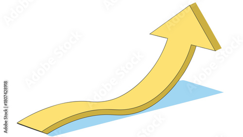 A minimalist, high-quality 3D render of a single smooth, matte yellow arrow curving dynamically upwards and to the right. The arrow begins with a subtle wave or curve from the right , then