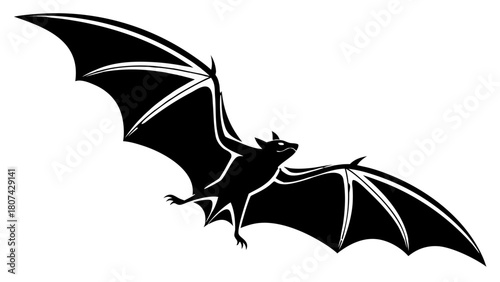 "A stark, high-contrast photograph or render of a black silhouette of a bat in flight. The bat is viewed from the front, with its large, membranous wings fully extended horizontally, creating a wide, 