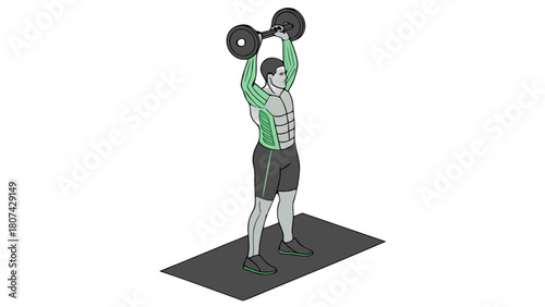 Triceps Extension (Triceps Focus): "A full-body 3D rendered illustration of a muscular, athletic male figure with realistic human skin texture and well-defined arms, performing an overhead
