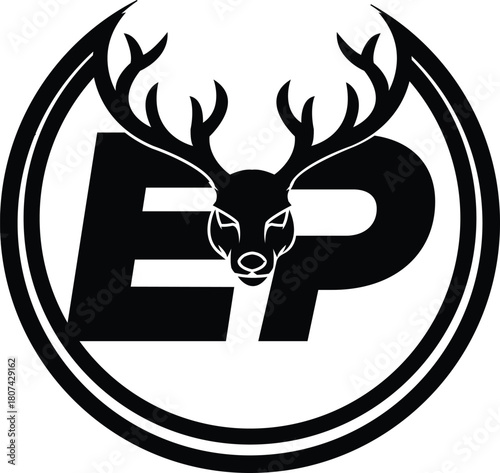 Black Deer Head and Letters EP Logo Emblem Keywords: deer, stag, antlers, head, animal, logo