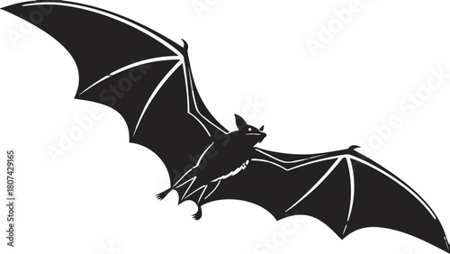 "A stark, high-contrast photograph or render of a black silhouette of a bat in flight. The bat is viewed from the front, with its large, membranous wings fully extended horizontally, creating a wide, 