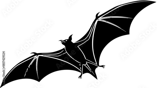 "A stark, high-contrast photograph or render of a black silhouette of a bat in flight. The bat is viewed from the front, with its large, membranous wings fully extended horizontally, creating a wide, 