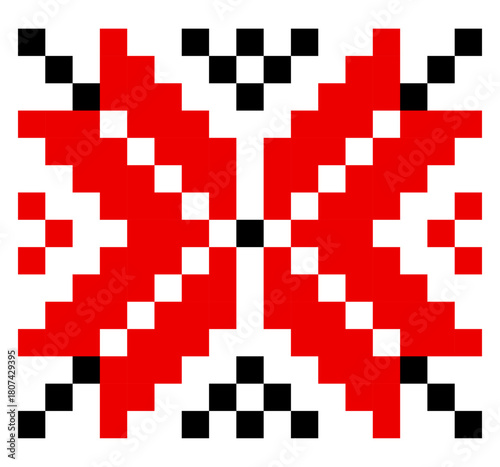 Traditional geometrical ornament isolated on white. Vyshyvanka icon. Cross stitch. Embroidery in black and red colors. Vector element for design. Folk pattern. Festive ornament
