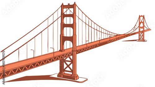 "A clean, high-angle 3D render of a stylized Golden Gate Bridge against a pure white background. The bridge is rendered in its iconic international orange-red color, with visible intricate steel truss
