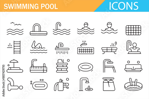 Vector outline pack of pool features including slides, ladders, and jets