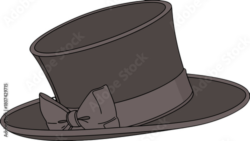 "A studio shot of a classic, elegant dark brown felt top hat. The hat features a tall, cylindrical crown and a narrow, slightly upturned brim. A matching dark brown grosgrain ribbon band with a flat b