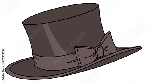 "A studio shot of a classic, elegant dark brown felt top hat. The hat features a tall, cylindrical crown and a narrow, slightly upturned brim. A matching dark brown grosgrain ribbon band with a flat b