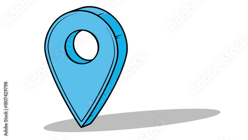 "A minimalist, high-quality 3D render of a single, shiny bright blue map pin icon. The pin has a classic teardrop shape with a small, circular hole in its center. It has a smooth, glossy surface with 