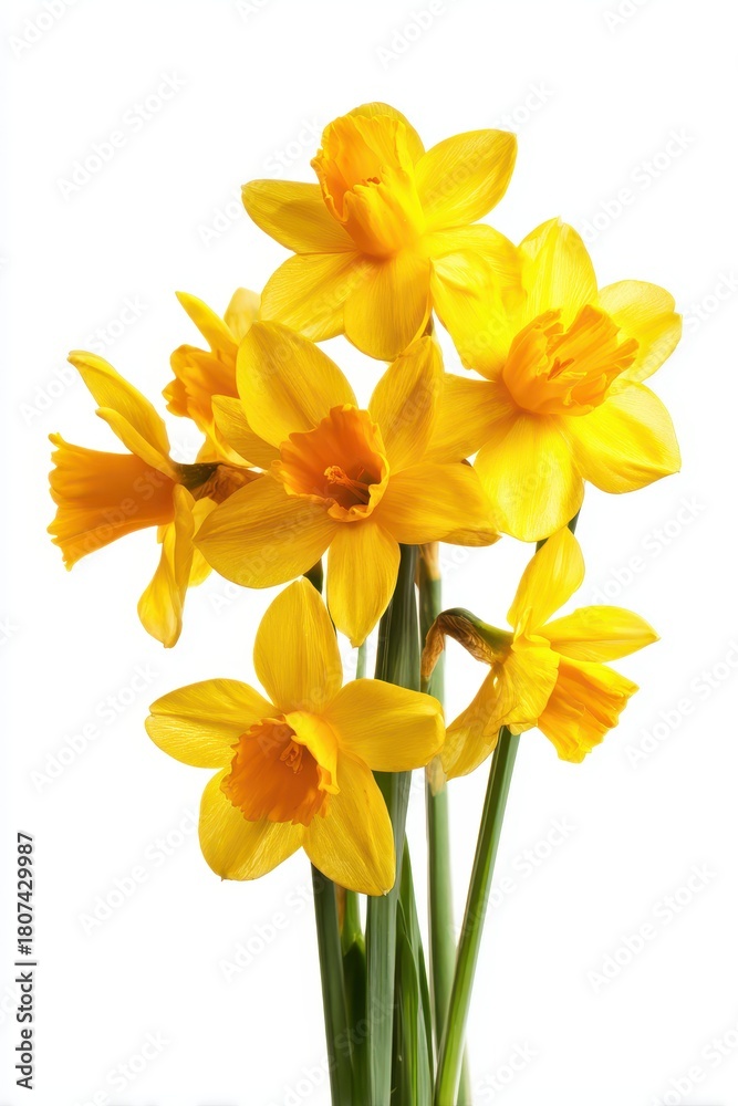 Fototapeta premium A cluster of bright yellow daffodils with orange centers and green stems against a white background