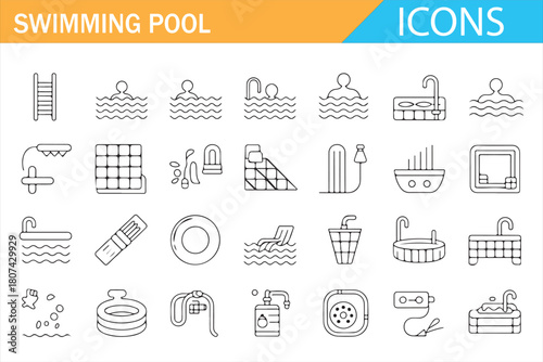 Swimming pool and aquatic facility outline icon set for recreation and spa