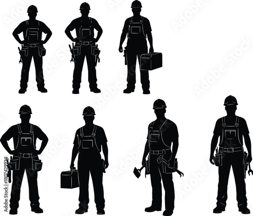 Set of construction worker silhouettes in overalls, builders with hard hats, tools and toolboxes, industrial team isolated on white