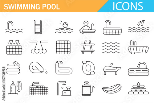 Set of swimming pool line icons including lifeguard, pool ladder, swimmer symbols, slides, water jets, filtration systems, jacuzzi elements, and recreational water activity illustrations for spa and a