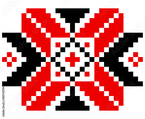 Traditional geometrical ornament isolated on white. Vyshyvanka icon. Cross stitch. Embroidery in black and red colors. Vector element for design. Folk pattern. Festive ornament